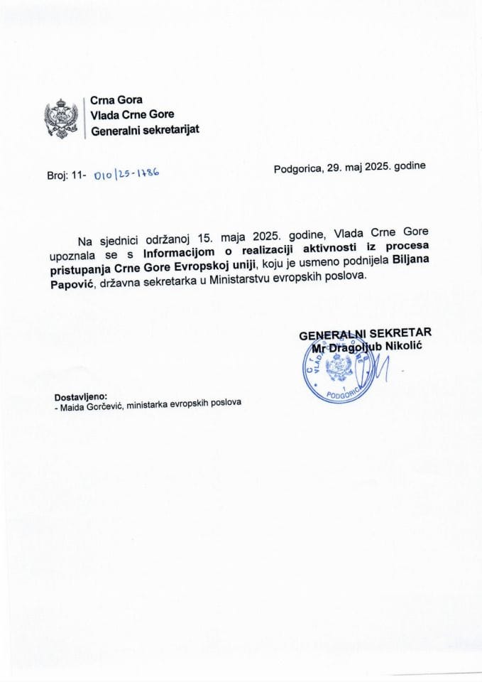 Usmena informacija o realizaciji aktivnosti iz procesa pristupanja Crne Gore Evropskoj uniji - zaključci