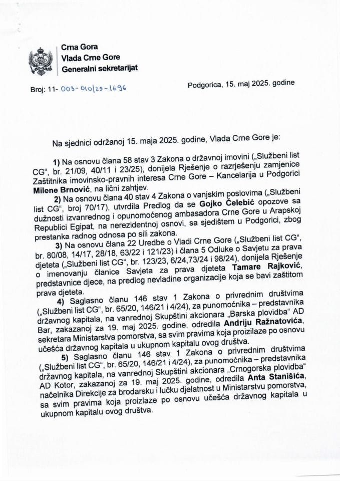 Kadrovska pitanja sa 80. sjednice Vlade Crne Gore - zaključci