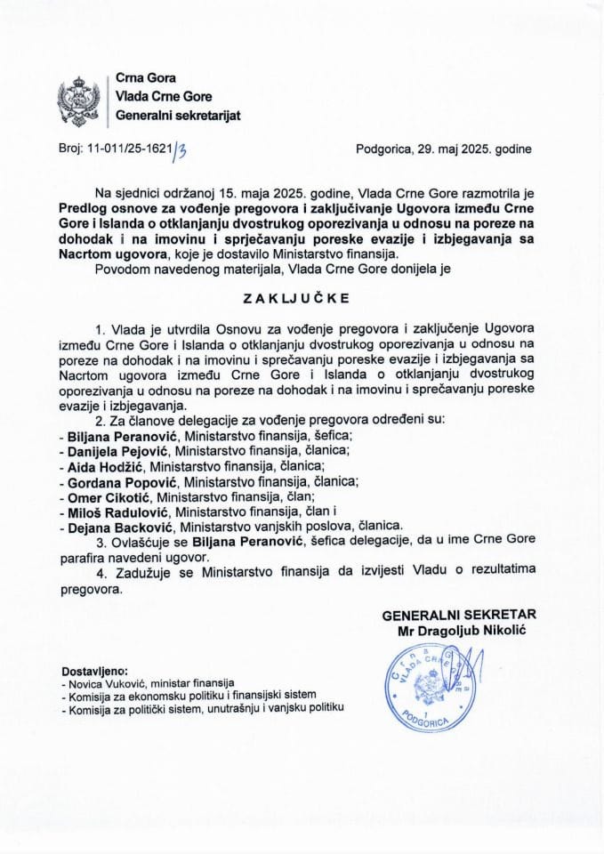 Predlog osnove za vođenje pregovora i zaključivanje Ugovora između Crne Gore i Islanda o otklanjanju dvostrukog oporezivanja u odnosu na poreze na dohodak i na imovinu i sprječavanju poreske evazije i izbjegavanja sa Nacrtom ugovora - zaključci