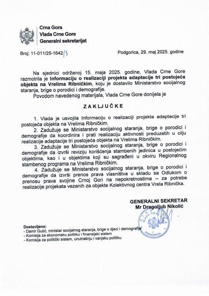 Informacija o realizaciji projekta adaptacije tri postojeća objekta na Vrelima Ribničkim - zaključci