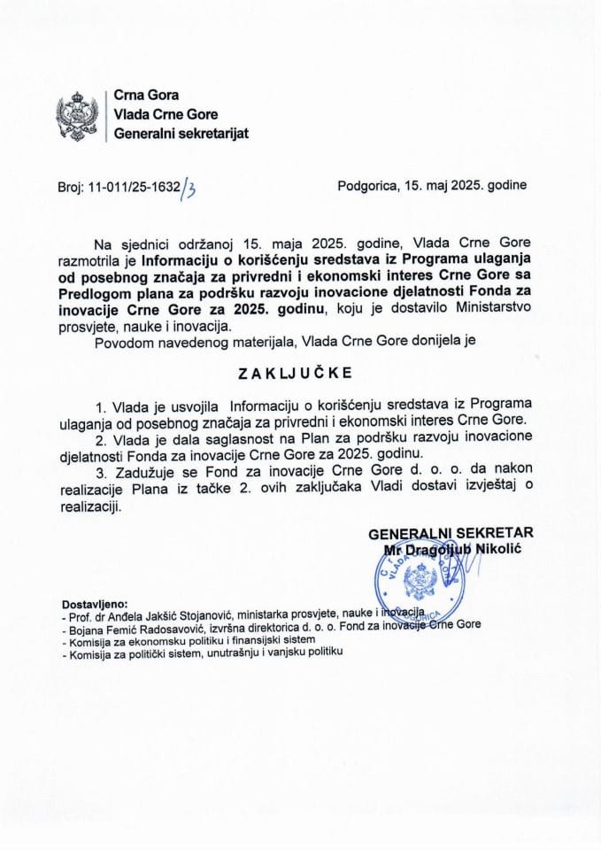 Informacija o korišćenju sredstava iz Programa ulaganja od posebnog značaja za privredni i ekonomski interes Crne Gore sa Predlogom plana za podršku razvoju inovacione djelatnosti Fonda za inovacije Crne Gore za 2025. godinu - zaključci