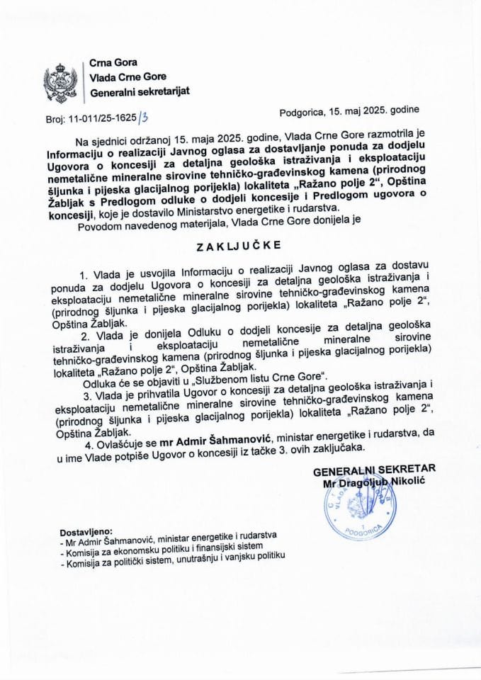 Informacija o realizaciji Javnog oglasa za dostavljanje ponuda za dodjelu Ugovora o koncesiji za detaljna geološka istraživanja i eksploataciju nemetalične mineralne sirovine tehničko-građevinskog kamena lokaliteta „Ražano polje 2“, Žabljak - zaključci