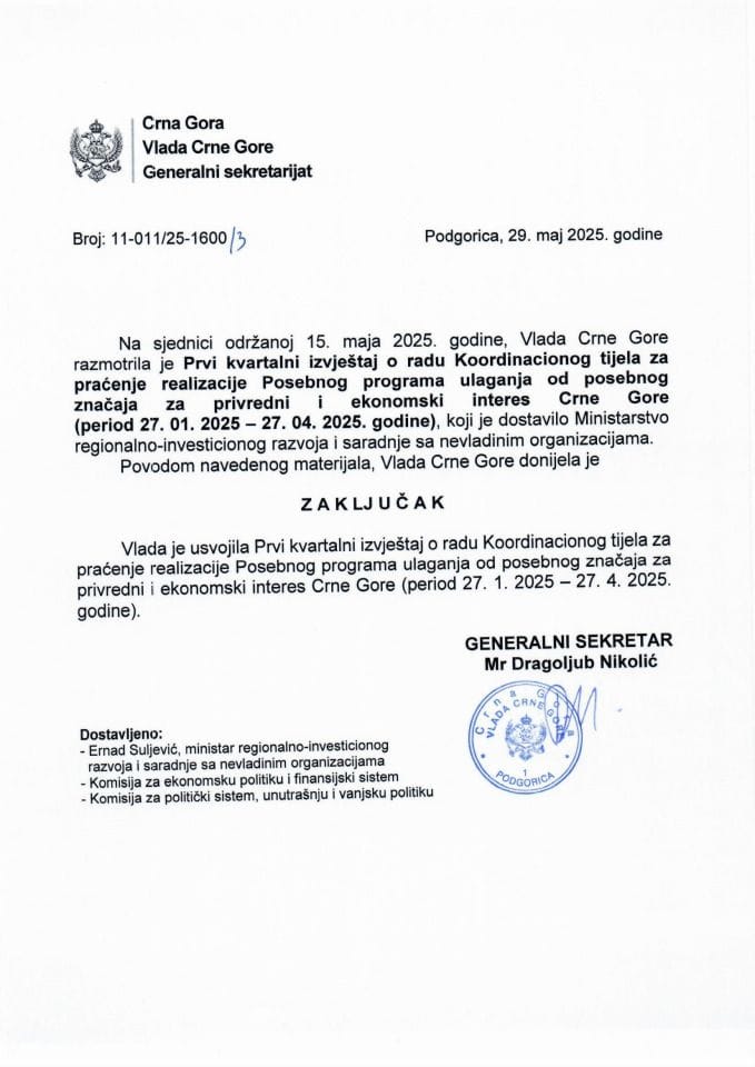Prvi kvartalni izvještaj o radu Koordinacionog tijela za praćenje realizacije Posebnog programa ulaganja od posebnog značaja za privredni i ekonomski interes Crne Gore (period 27.01.2025. - 27.04.2025. godine) - zaključci