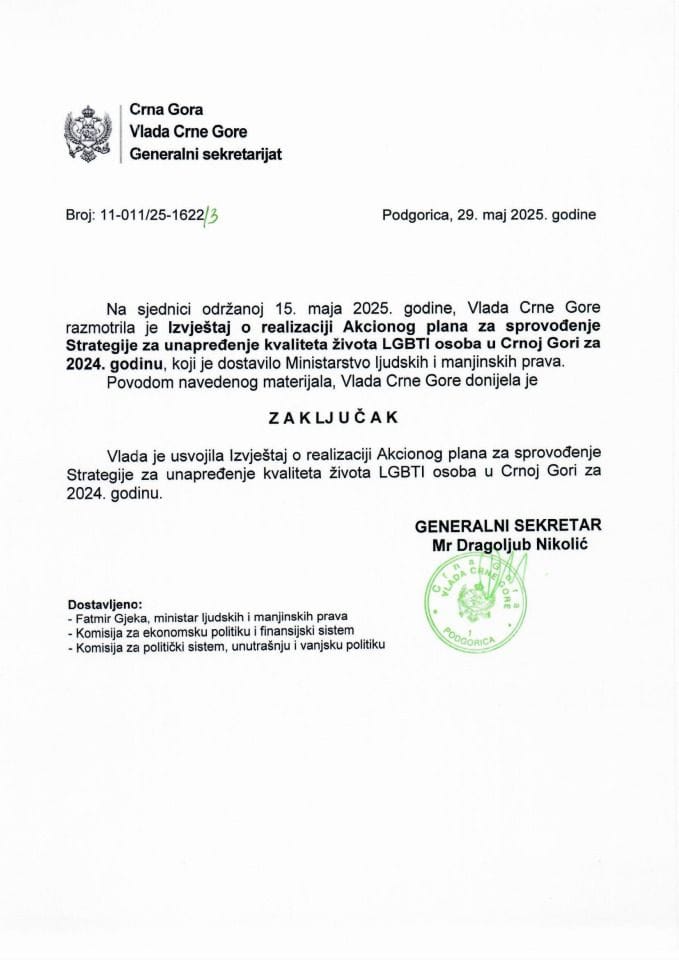 Izvještaj o realizaciji Akcionog plana za sprovođenje Strategije za unapređenje kvaliteta života LGBTI osoba u Crnoj Gori za 2024. godinu - zaključci