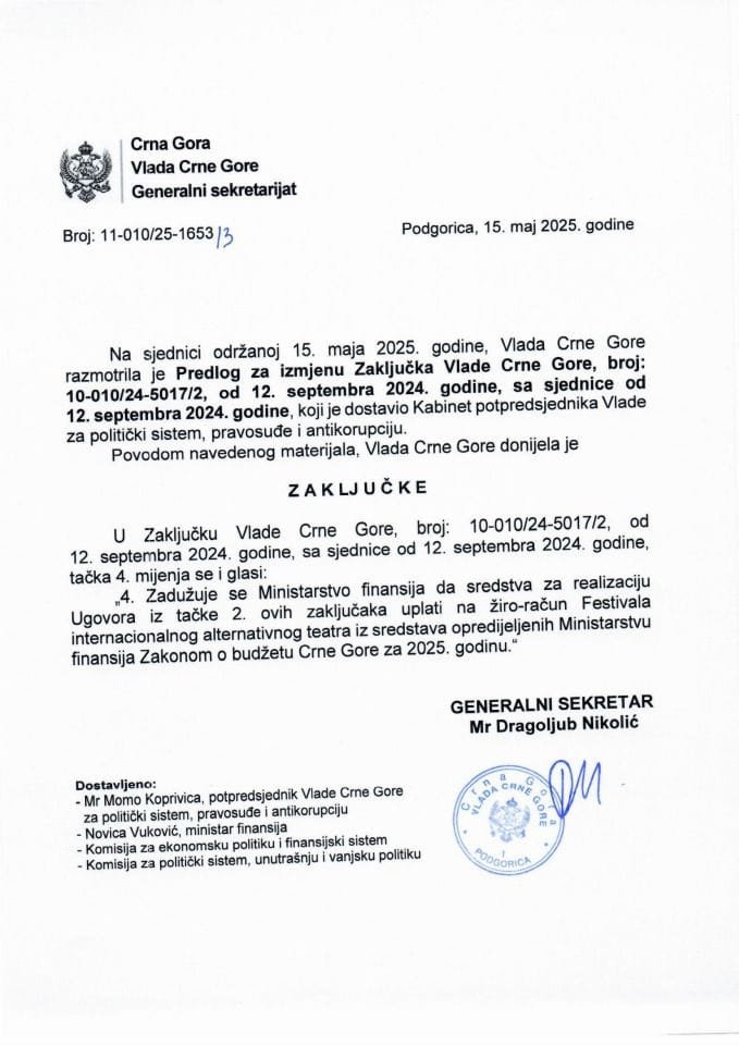Predlog za izmjenu Zaključka Vlade Crne Gore, broj: 10-010/24-5017/2, od 12. septembra 2024. godine, sa sjednice od 12. septembra 2024. godine - zaključci