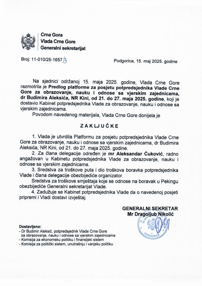 Predlog platforme za posjetu potpredsjednika Vlade Crne Gore za obrazovanje, nauku i odnose sa vjerskim zajednicama dr Budimira Aleksića NR Kini, od 21. do 27. maja 2025. godine - zaključci