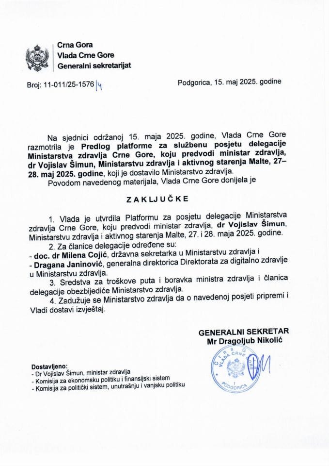 Predlog platforme za službenu posjetu delegacije Ministarstva zdravlja Crne Gore koju predvodi ministar zdravlja dr Vojislav Šimun, Ministarstvu zdravlja i aktivnog starenja Malte, 27-28. maj 2025. godine - zaključci