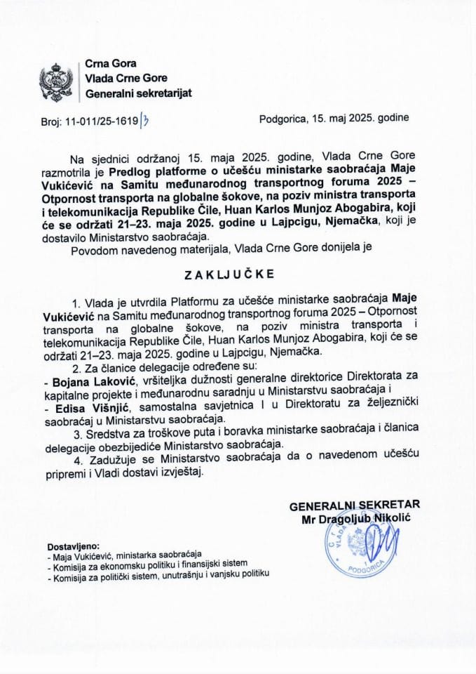 Predlog platforme o učešću ministarke saobraćaja, Maje Vukićević, na Samitu međunarodnog transportnog foruma 2025 - Otpornost transporta na globalne šokove, koji će se održati 21 - 23. maja 2025. godine, u Lajpcigu, Njemačka - zaključci