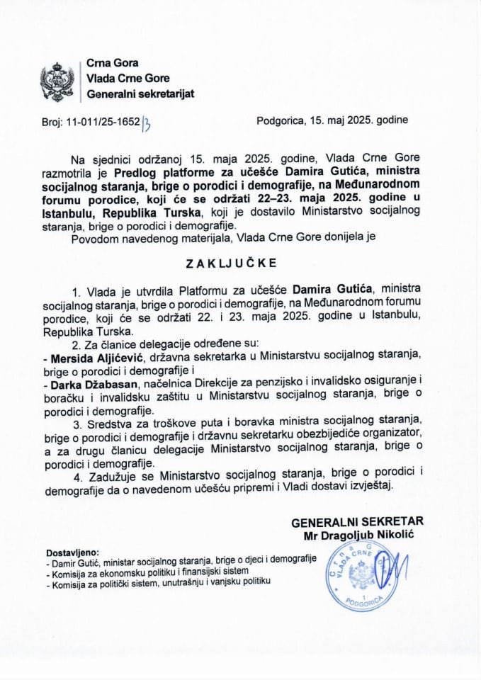 Predlog platforme za učešće Damira Gutića, ministra socijalnog staranja, brige o porodici i demografije, na Međunarodnom forumu porodice, koji će se održati 22 -23. maja 2025. godine, u Istanbulu, Republika Turska - zaključci