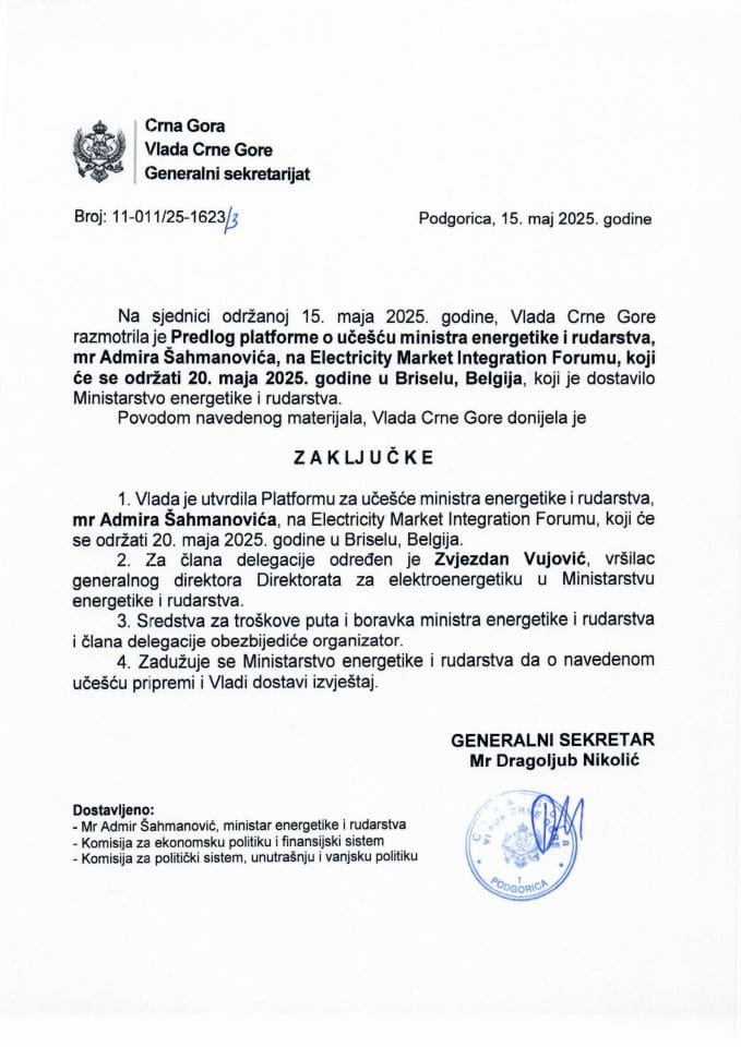 Predlog platforme o učešću ministra energetike i rudarstva mr Admira Šahmanovića na Electricity Market Integration Forum-u, koji će se održati 20. maja 2025. godine, u Briselu, Belgija - zaključci