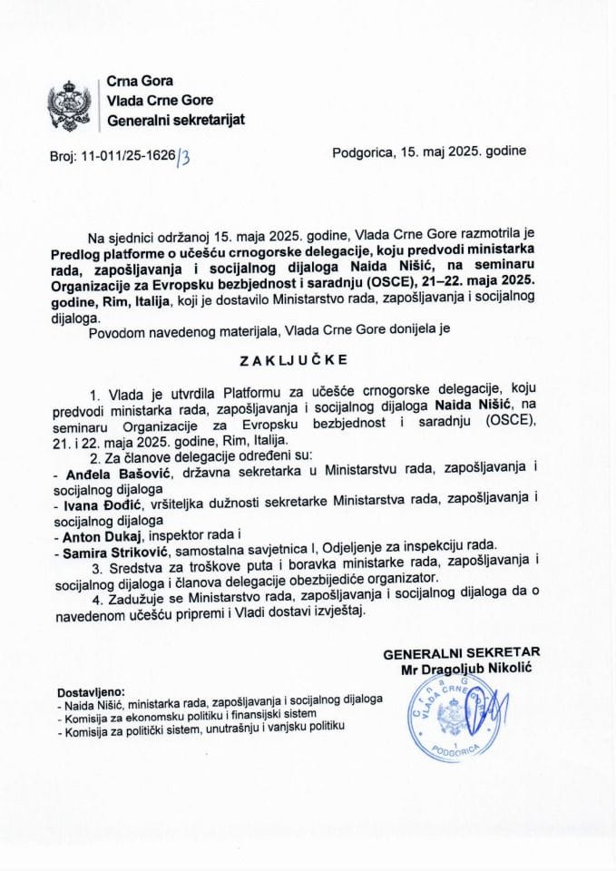 Predlog platforme o učešću crnogrske delegacije koju predvodi ministarka rada, zapošljavanja i socijalnog dijaloga Naida Nišić na seminaru Organizacije za Evropsku bezbjednost i saradnju (OSCE), 21 - 22. maja 2025. godine, Rim, Italija - zaključci