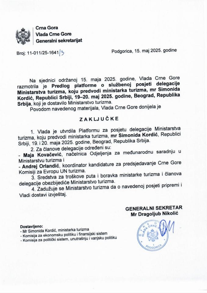 Predlog platforme o službenoj posjeti delegacije Ministarstva turizma, koju predvodi ministarka turizma mr Simonida Kordić, Republici Srbiji, 19-20. maj 2025. godine, Beograd, Republika Srbija - zaključci