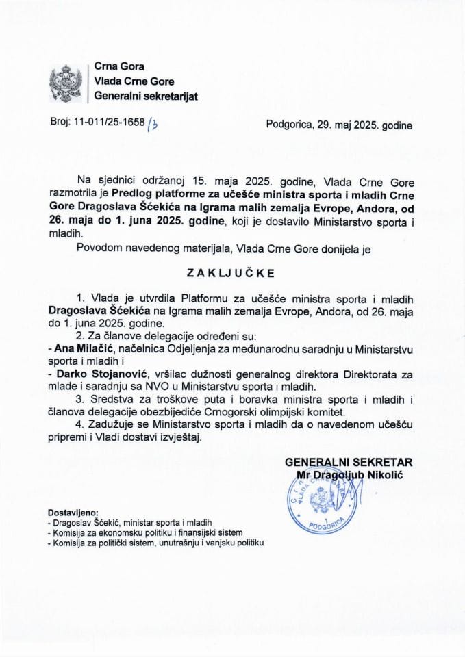 Predlog platforme za učešće ministra sporta i mladih Crne Gore Dragoslava Šćekića na Igrama malih zemalja Evrope, Andora, od 26. maja do 1. juna 2025. godine - zaključci