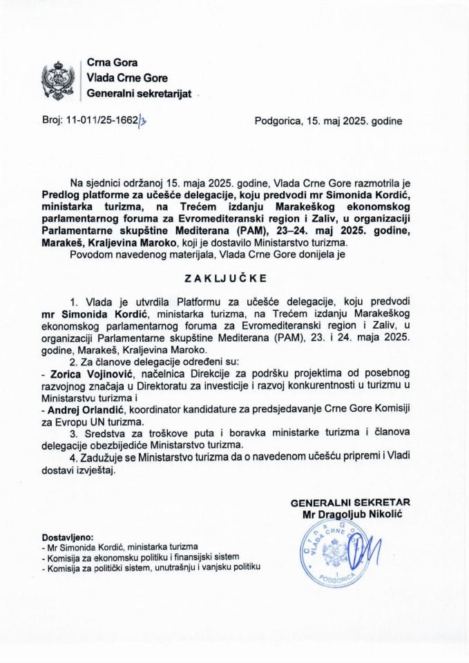 Predlog platforme za učešće delegacije, koju predvodi mr Simonida Kordić, ministarka turizma, na Trećem izdanju Marakeškog ekonomskog parlamentarnog foruma za Evro-mediteranski region i Zaliv, Marakeš, Kraljevina Maroko - zaključci