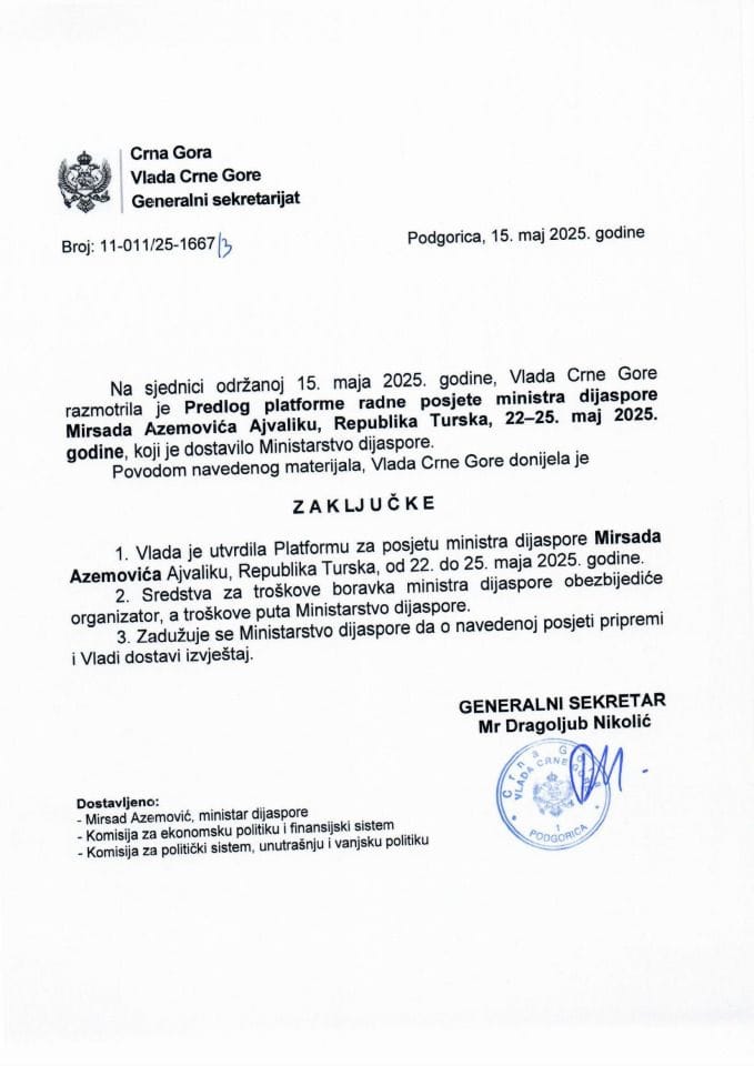 Predlog platforme radne posjete ministra dijaspore Mirsada Azemovića Ajvaliku, Republika Turska, 22-25. maj 2025. godine - zaključci