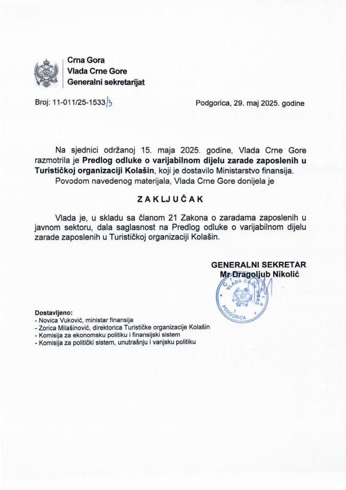 Predlog odluke o varijabilnom dijelu zarade zaposlenih u Turističkoj organizaciji Kolašin - zaključci