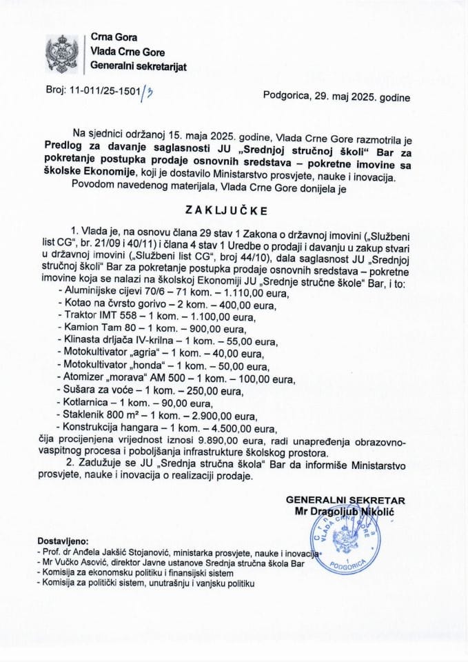 Predlog za davanje saglasnosti JU „Srednjoj stručnoj školi“ Bar, za pokretanje postupka prodaje osnovnih sredstava - pokretne imovine sa školske Ekonomije - zaključci
