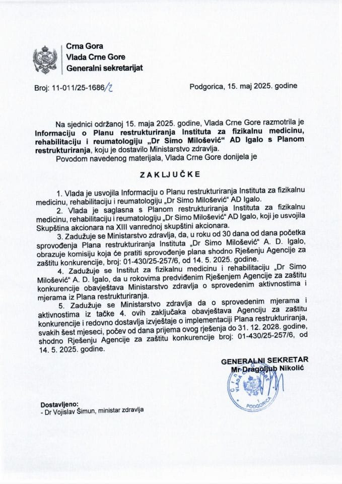 Informacija o Planu restrukturiranja Instituta za fizikalnu medicinu, rehabilitaciju i reumatologiju "Dr Simo Milošević" AD Igalo s Planom restrukturiranja - zaključci