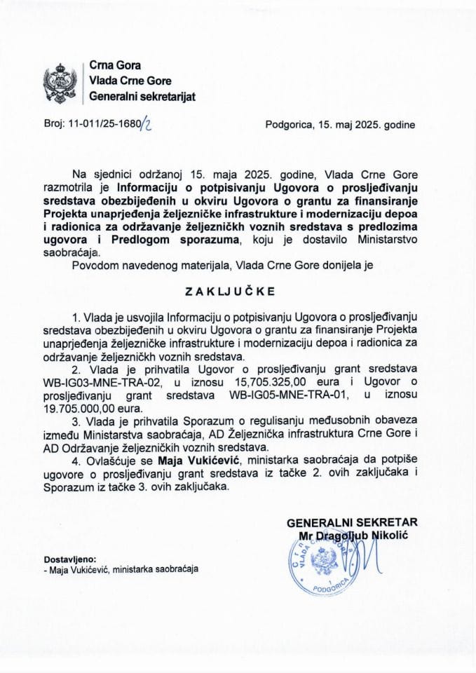 Informacija o potpisivanju Ugovora o prosljeđivanju sredstava obezbijeđenih u okviru Ugovora o grantu za finansiranje Projekta unaprjeđenja željezničke infrastrukture i modernizaciju depoa - zaključci