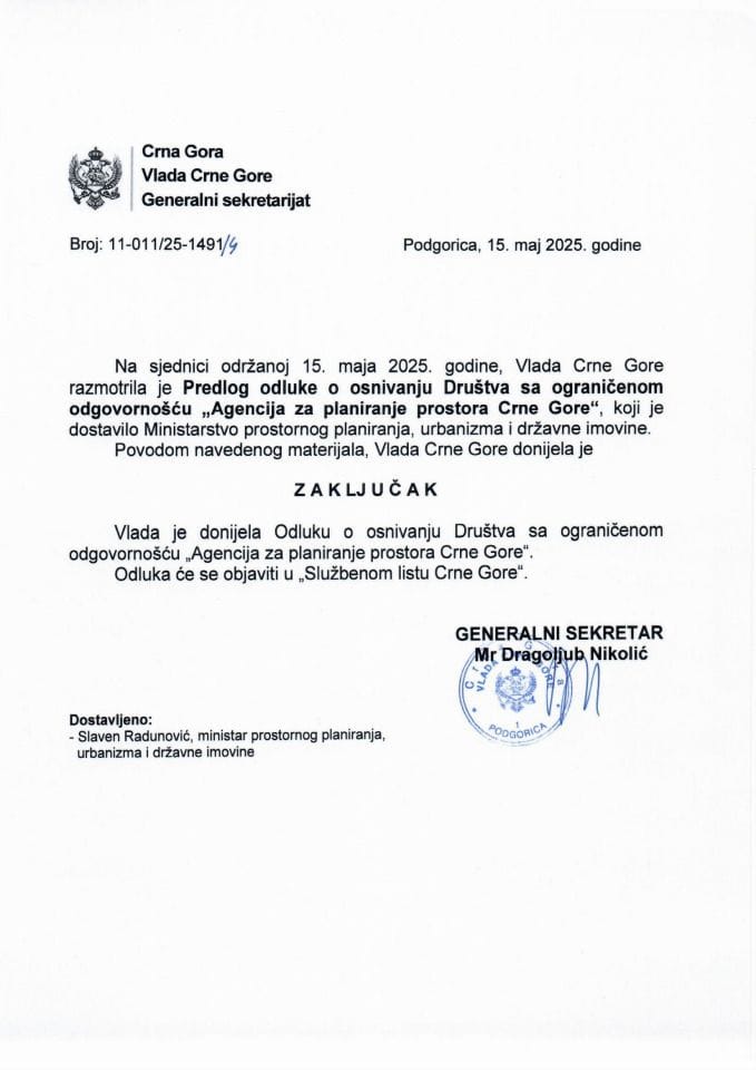 Predlog odluke o osnivanju Društva sa ograničenom odgovornošću „Agencija za planiranje prostora Crne Gore“ - zaključci