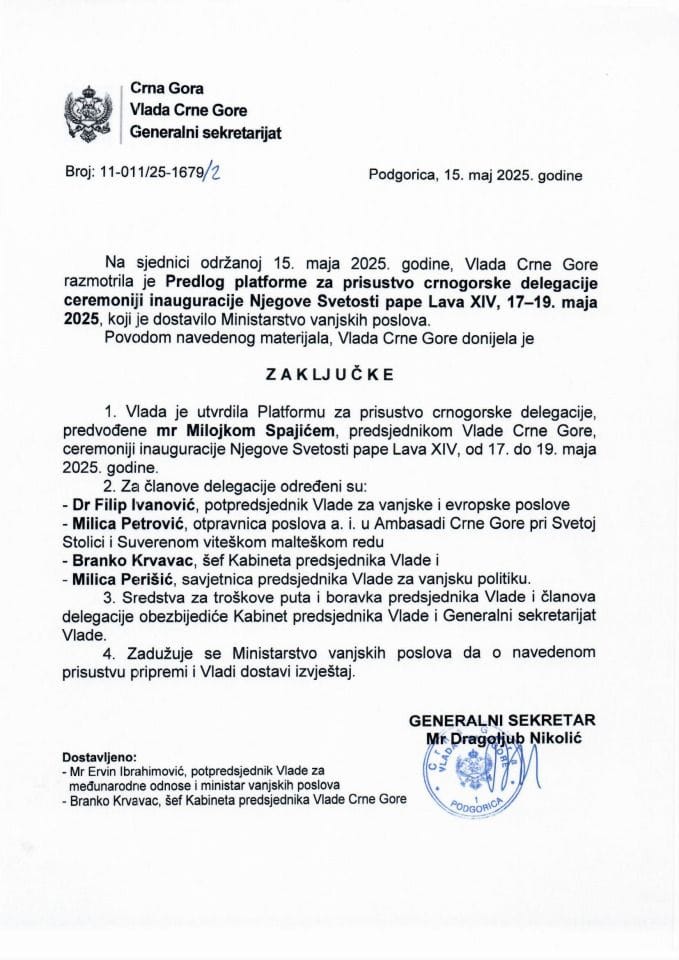 Predlog platforme za prisustvo crnogorske delegacije ceremoniji inauguracije Njegove Svetosti pape Lava XIV, 17-19. maja 2025. godine - zaključci