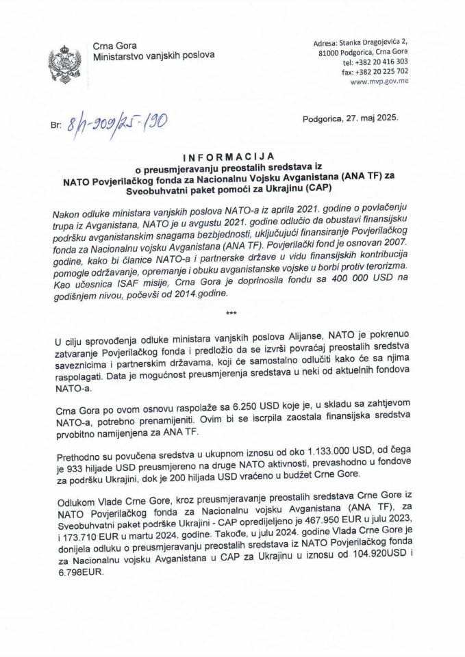 Informacija o preusmjeravanju preostalih sredstava iz NATO Povjerilačkog fonda za Nacionalnu vojsku Avganistana (ANA TF) za Sveobuhvatni paket pomoći za Ukrajinu ([lat]CAP)