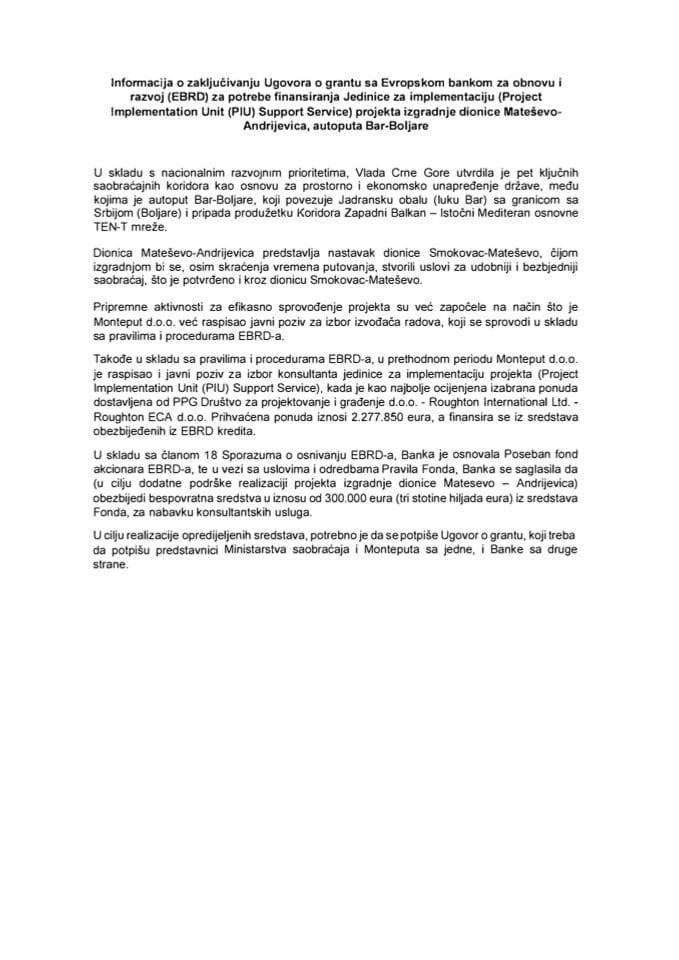 Informacija o zaključivanju Ugovora o grantu sa Evropskom bankom za obnovu i razvoj (EBRD) za potrebe finansiranja Jedinice za implementaciju (Project Implementation Unit (PIU) Support Service)
