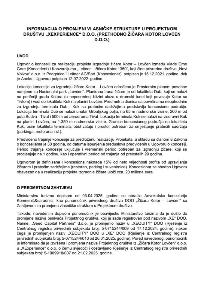 Informacija o promjeni vlasničke strukture u Projektnom društvu „XExperience“ d.o.o. (prethodno Žičara Kotor Lovćen d.o.o.)