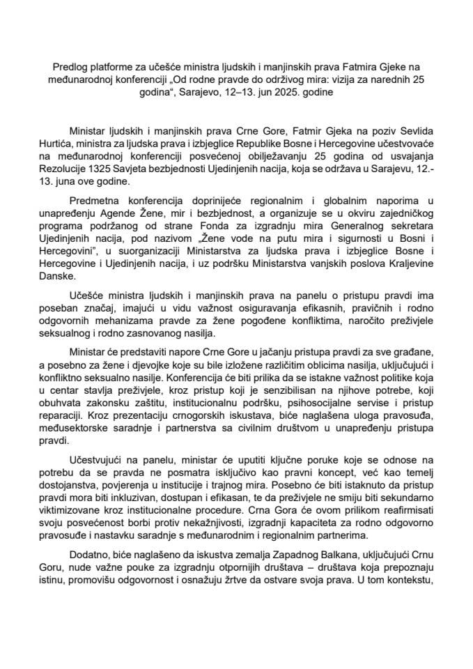 Predlog platforme za učešće ministra ljudskih i manjinskih prava Fatmira Gjeke na međunarodnoj konferenciji „Od rodne pravde do održivog mira: vizija za narednih 25 godina“, Sarajevo 12-13. jun 2025. godine