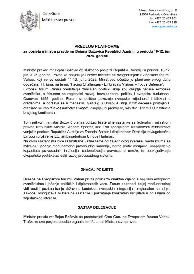 Predlog platforme za posjetu ministra pravde mr Bojana Božovića Republici Austriji, u periodu 10-12. jun 2025. godine