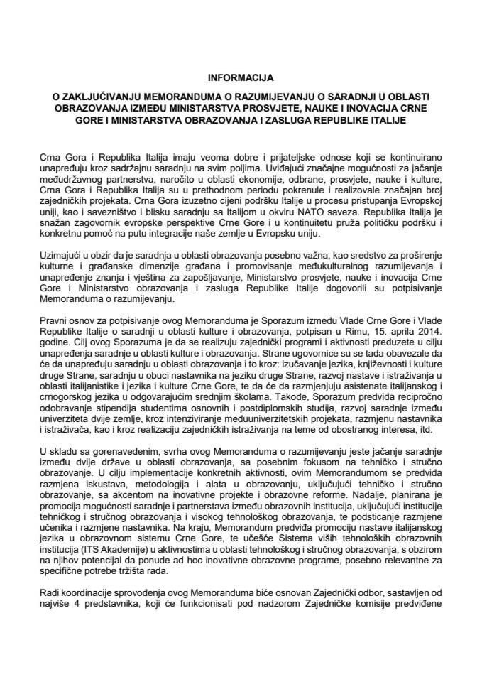 Informacija o zaključivanju Memoranduma o razumijevanju o saradnji u oblasti obrazovanja između Ministarstva prosvjete, nauke i inovacija Crne Gore i Ministarstva obrazovanja i zasluga Republike Italije sa Predlogom memoranduma