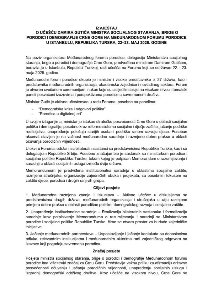 Izvještaj o učešću Damira Gutića, ministra socijalnog staranja, brige o porodici i demografije Crne Gore, na Međunarodnom forumu porodice u Istanbulu, Republika Turska, 22–23. maja 2025. godine