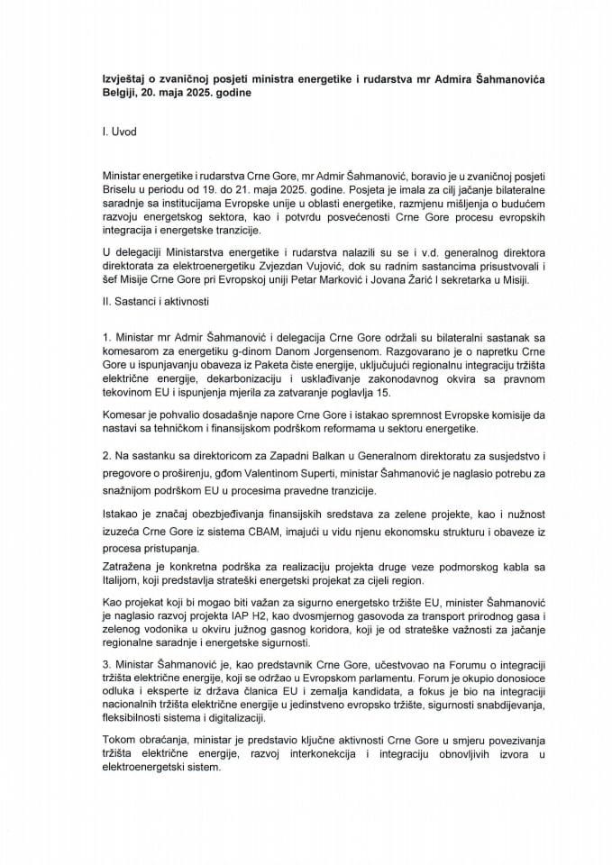Извјештај о званичној посјети мр Адмира Шахмановића, министра енергетике и рударства, Белгији, 20. маја 2025. године