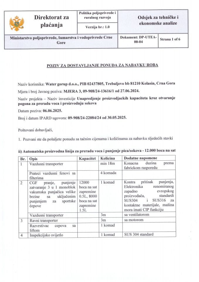 Poziv za dostavljanje ponuda za nabavku roba Automatska proizvodna linija za preradu voca i punjenja pica sokova