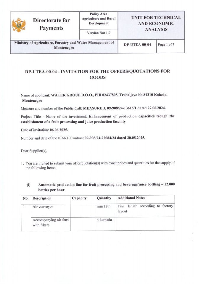 Invitations for the offers-quotations for goods Automatic production line for fruit processing and beverage juice bottling