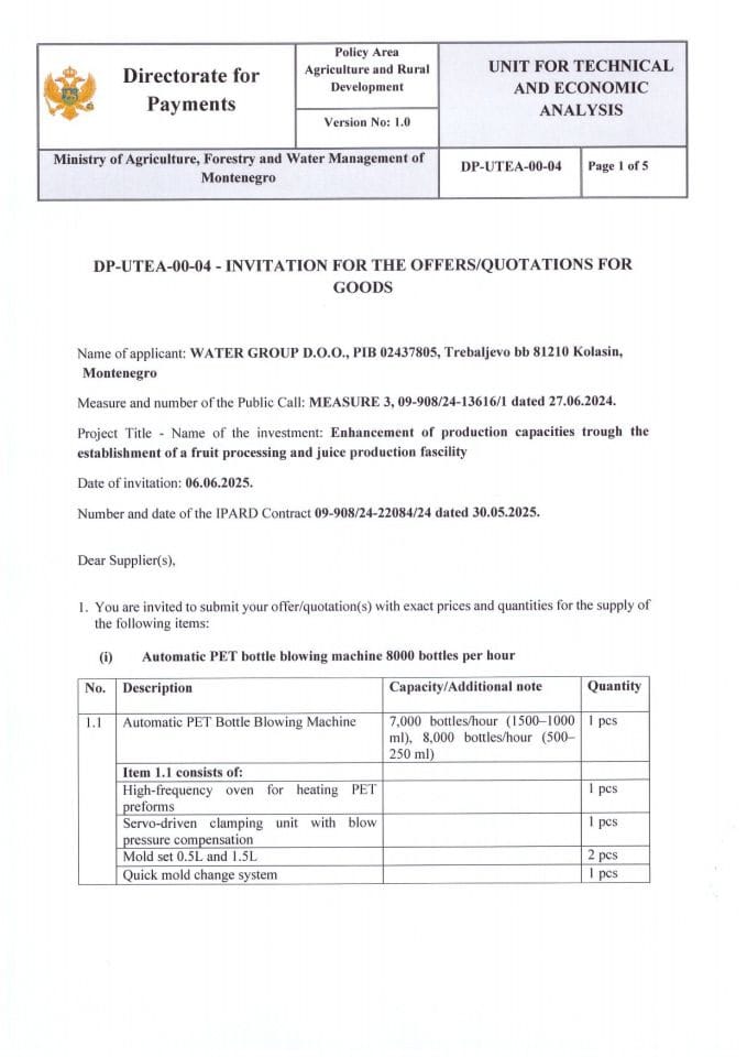 Invitation for the offers-quotations for goods Automatic PET bottle blowing machine