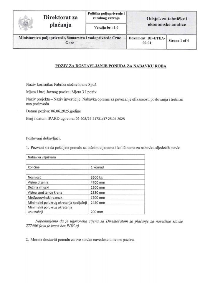 Poziv za dostavljanje ponuda za nabavku roba