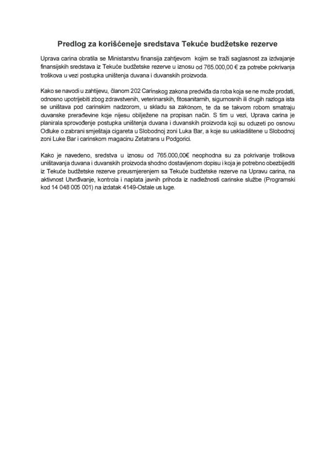 Predlog za korišćenje sredstava Tekuće budžetske rezerve