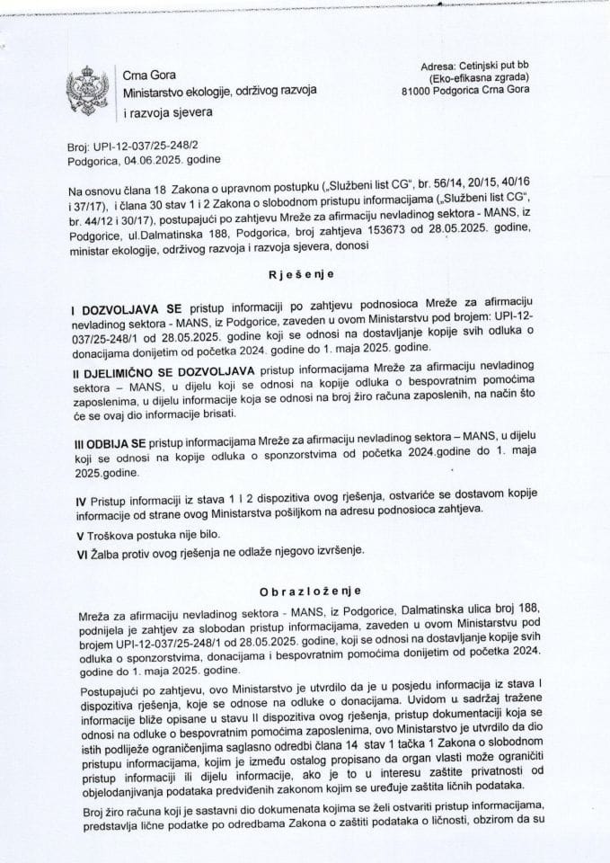 Рјешења - Слободан приступ информацијама - Рјешење СПИ бр.153673 МАНС