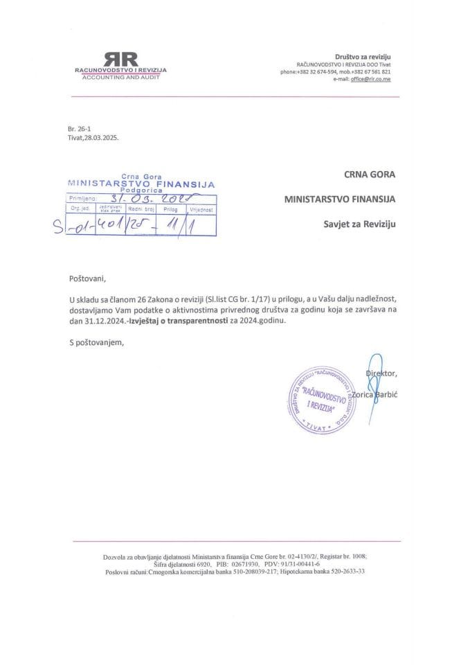 R - Izvještaj o transparentnosti 2024 Računovodstvo i revizija DOO Tivat