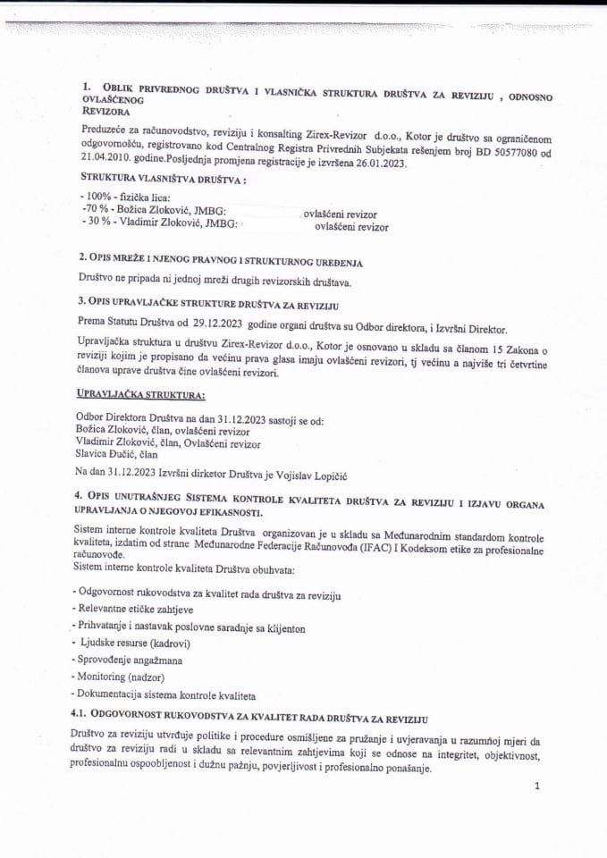 Izvještaj o transparentnosti - Zirex-Revizor d.o.o. Kotor