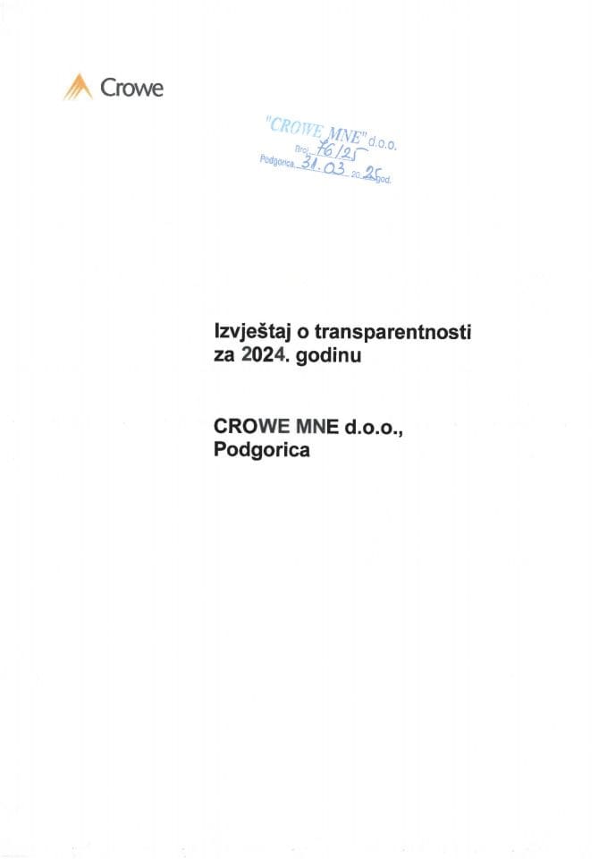 Izvještaj o transparentnosti - Crowne Mne d.o.o. Podgorica