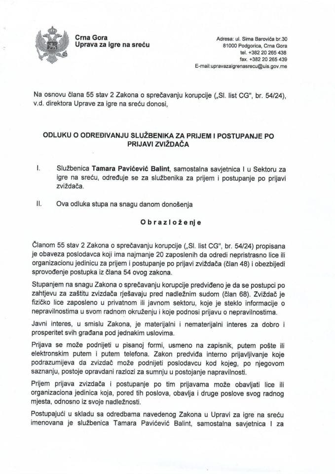 Odluka o određivanju službenika za prijem i postupanje po prijavi zviždača