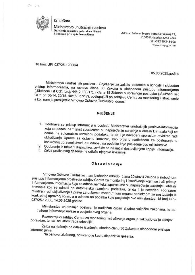 rjerešenje br.18-UPI-037/25-12000/4