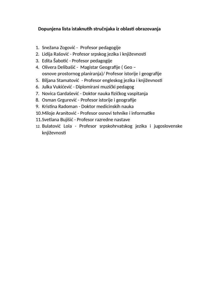 Допуњена листа истакнутих стручњака из области образовања по Јавном позиву од 5. марта 2025. године