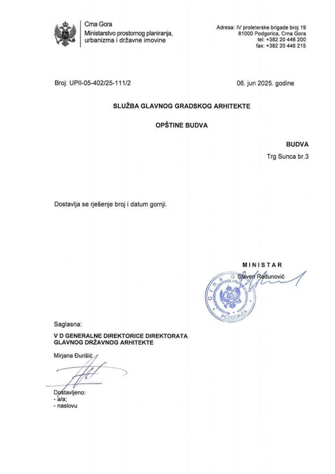 Rješenja po žalbi glavnog državnog arhitekte - 06.06.2025 Rješenje po žalbi -Vujović Nenad -Opština Budva