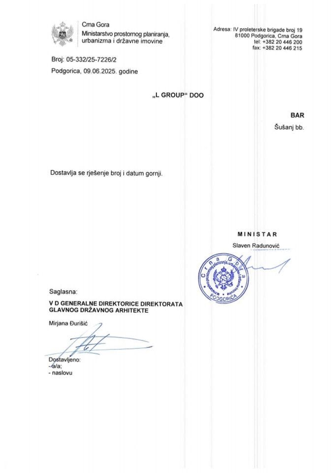 Rješenja o saglasnosti na Program privremenih objekata - 09.06.2025 Rješenje  -L GROUP DOO, Bar -Opština Bar 7226