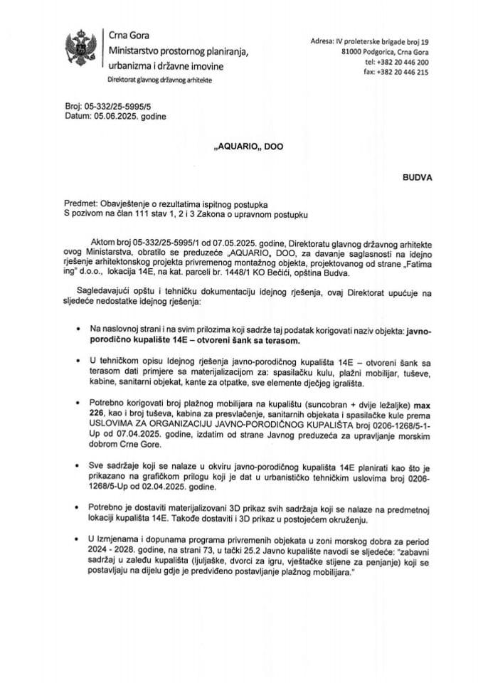 Obavještenja - Program privremenih objekata - 05.06.2025 Obavještenje -AQUARIO DOO, Budva -Opština Budva