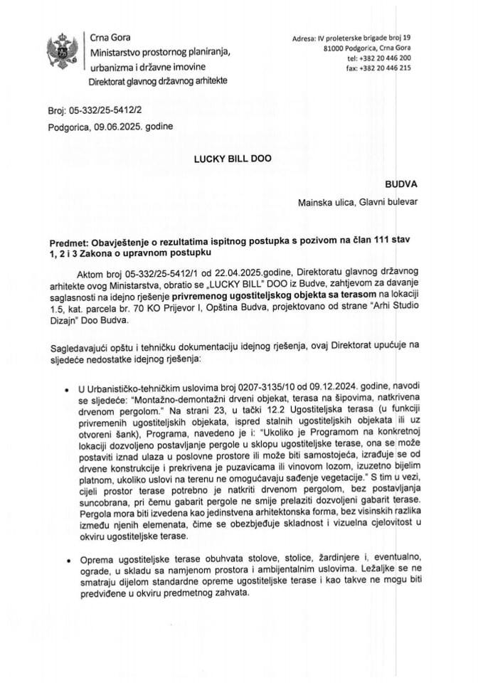 Obavještenja - Program privremenih objekata - 09.06.2025 Obavještenje -LUCKY BILL DOO, Budva -Opština Budva