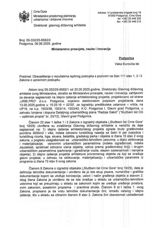 Obavještenja - Saglasnosti glavnog državnog arhitekte -  09.06.2025 Obavještenje -Ministarstvo  prosvjete, nauke i inovacija -Glavni grad Podgorica
